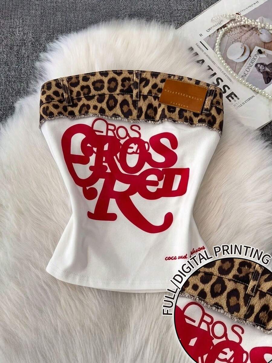 Resyla 女士性感抹胸上衣,牛仔图案,可爱俏皮时尚,Y2K风格 - 彩色 - 查看 1