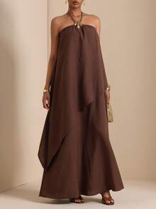 Vesra 女士不对称下摆层叠连衣裙 - 咖啡 - 查看 6