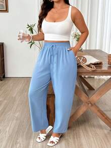 Weeklong Plus Size Solid Color Drawstring Waist Pocket Casual Pants, Suitable For Holiday Wear - Baby Blue - View 6