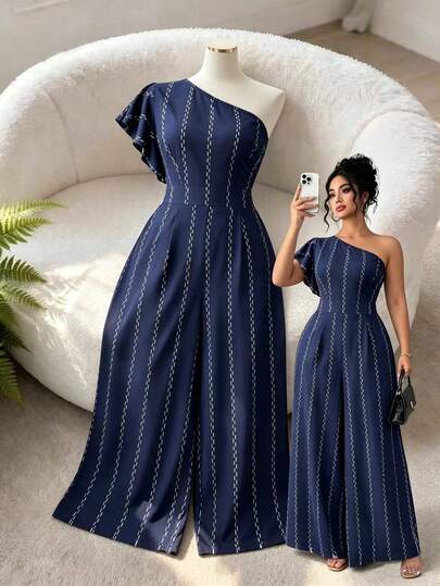Elenzga Plus Size Women's Summer New Navy Blue Vertical Striped Asymmetric Shoulder Ruffle Ruched Jumpsuit, Suitable For Workplace, Luxury Social Occasions, Semi-Formal Gatherings, Short Trips, Vacation