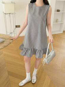 SHEIN Teen Girls' Round Neck Blue & White Striped Casual Summer Dress With Ruffle Hem - Black - View 3