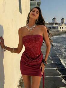 Nevyona Đầm sequin bóng bẩy mùa xuân/hè dành cho nữ, đầm dự tiệc/đầm gợi cảm/đầm nữ/đầm đỏ. - Màu Hoa hồng đỏ - Xem 9