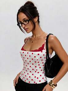 SHEIN BAE 女士优雅性感波点蕾丝拼接吊带背心，夏季必备 - 紅白色 - 查看 6