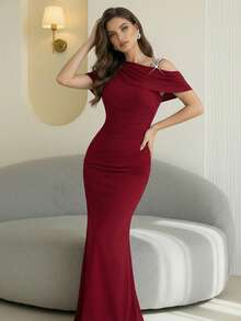 Modelyn 女士针织红色仿珍珠袖收腰正式修身鸡尾酒会礼服、婚礼宾客礼服、音乐节春夏、派对礼服、晚礼服、长袍 - 酒紅色 - 查看 1