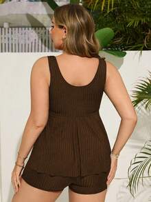 SHEIN Swim Curve Bộ đồ bơi cao cấp dành cho nữ cỡ lớn, chất liệu vải gân, gồm áo xếp ly có nơ và quần ống vuông. - màu nâu - Xem 2