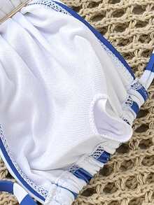 SHEIN 少女比基尼套装，蓝白条纹，时尚休闲，优雅大方，适合游泳、海滩、度假和夏季穿着。 - 藍白色 - 查看 5