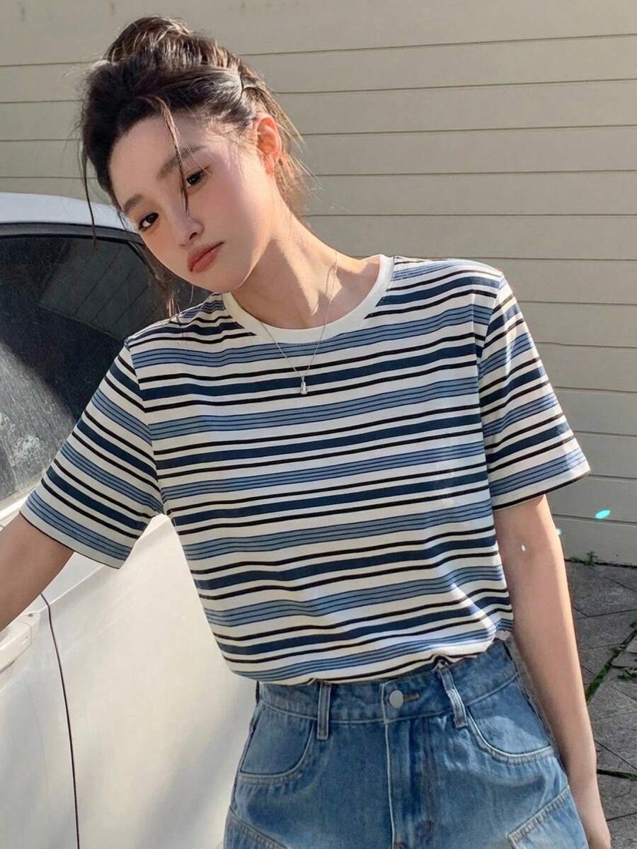 DAZY 女款休閒條紋圓領短袖T恤,夏季圖案印花上衣 - 藍色 - 查看 1