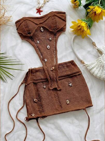 Soleia Conjunto de blusa de punto y falda con decoración de conchas de playa para vacaciones