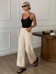 Women's Loose-Fitting Flared Pants With Pockets, Casual Solid Color Street Style Pants For Autumn - 貝斯 - 查看 5