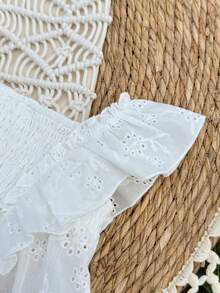 女婴可爱夏季休闲度假刺绣蝴蝶结无袖上衣和格子松紧腰短裤套装 - 白色 - 查看 8