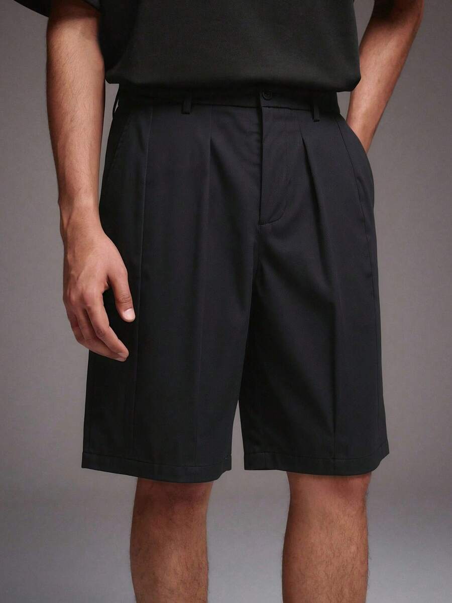 STYNVO Men's Casual Pleated Loose Shorts, Solid Color, Versatile For Daily Wear And Commuting, Summer - Black - View 1