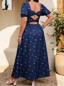 EMERY ROSE Plus Size Women's Vintage High Waist Ruffled Square Neck Backless Bowknot Floral Maxi Dress, Elegant For Spring/Summer Gym Brown - Navy Blue - View 2