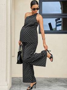 MaterniWear Bộ đồ bầu không tay chấm bi, vai lệch, kiểu dáng thường ngày, 2 món, thích hợp cho mùa hè. - màu đen - Xem 5