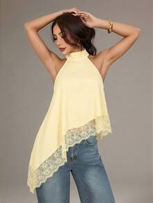 SHEIN PETITE 女款淡黃色優雅不對稱高領掛脖上衣，蕾絲飾邊，無袖襯衫，適合晚宴、雞尾酒會、婚禮賓客，夏季秋季，小碼女款 - 淡黃色 - 查看 4