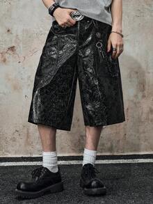 ROMWE MEN Goth 男士时尚直筒宽松休闲百搭夏季PU纹理短裤 - 黑色 - 查看 8