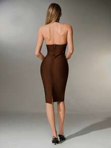 Nuvra Women's Elegant Coffee Brown Halter Deep V-Neck Bodycon Bandage Party Dress,Autumn Date Night Shapewear Tummy Control Stretchy Cinched Waist - Brown - View 2