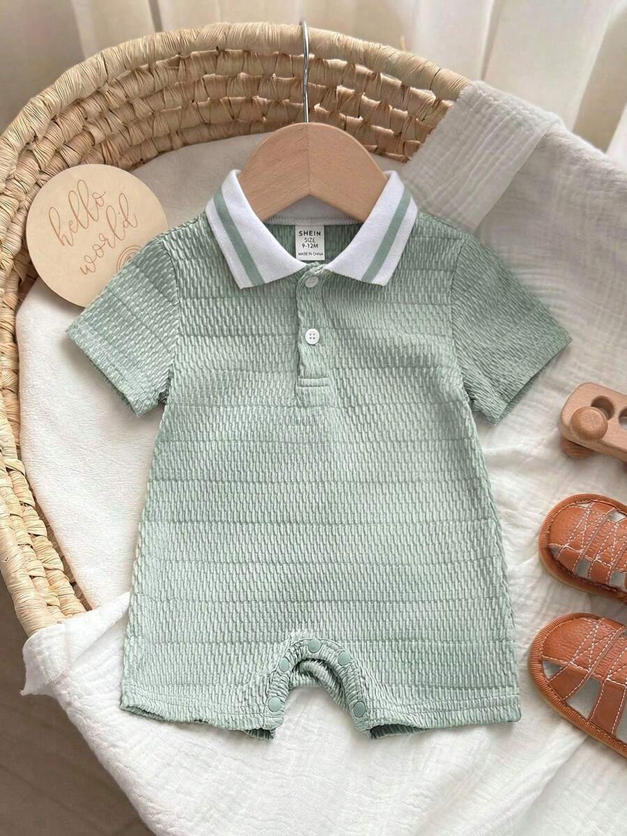 新生儿男/女宝宝绿色纹理柔软舒适提花面料撞色针织柔软polo领短袖半拉链连体短裤,适合度假、居家和外出穿着。 - 綠色 - 查看 1