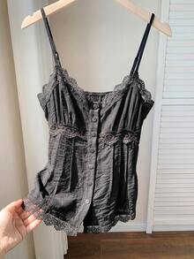 Comfortcana Plus Size Women's Solid Color Lace Ruffle Hem Casual Camisole, Spring/Summer, Outdoor Top, Black - Black - View 9