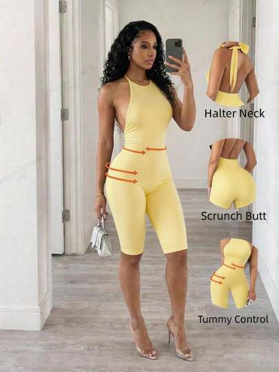 BamGleam Seamless Knit Halter Backless Sexy Jumpsuit