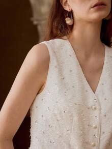 MOTF PREMIUM WOMEN'S TEXTURED CONTRAST SEQUINS AND FAUX PEARLS DETAIL BLAZER VEST , SUITABLE FOR DATES IN SPRING/SUMMER - White - View 3