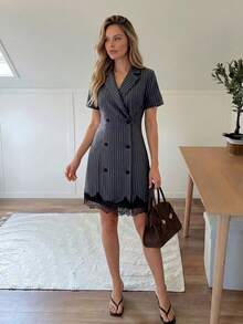 Easowa Vestido mini de mujer de moda de verano con rayas, doble botonadura y parches de encaje - Gris - Ver 7