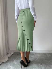 Elenzga Plus Size Women Spring/Summer Elegant Fitted Pleated Skirt - Mint Green - View 4