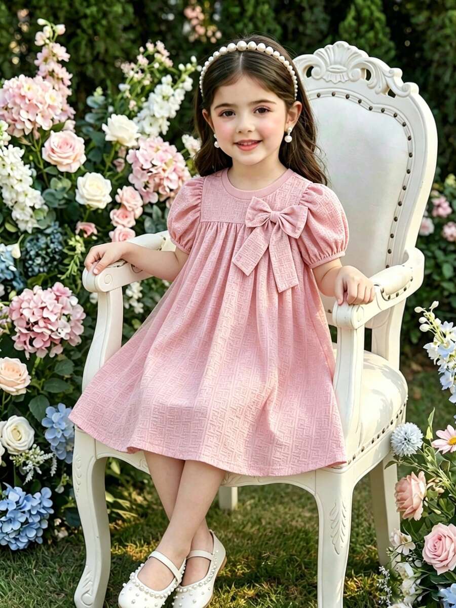 Elladie kids Đầm vàng tay phồng viền ren cho bé gái, kiểu dáng ngọt ngào và dễ thương, thanh lịch và tươi tắn cho mùa hè. - Hồng - Xem 1