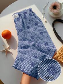 Comfortcana Quần ống rộng nữ màu cam kẻ caro thêu hoa, mẫu mới Xuân/Hè 2026, phù hợp cho mùa đông, lễ Phục sinh, tiệc tùng, đi biển, đám cưới, lễ tốt nghiệp, thanh lịch, thường ngày, kỳ nghỉ, thể thao, trang trọng, phong cách Y2K, công sở, đính sequin, tua rua, xếp nếp, hoa, họa tiết đồ họa. - Màu xanh hải quân - Xem 4