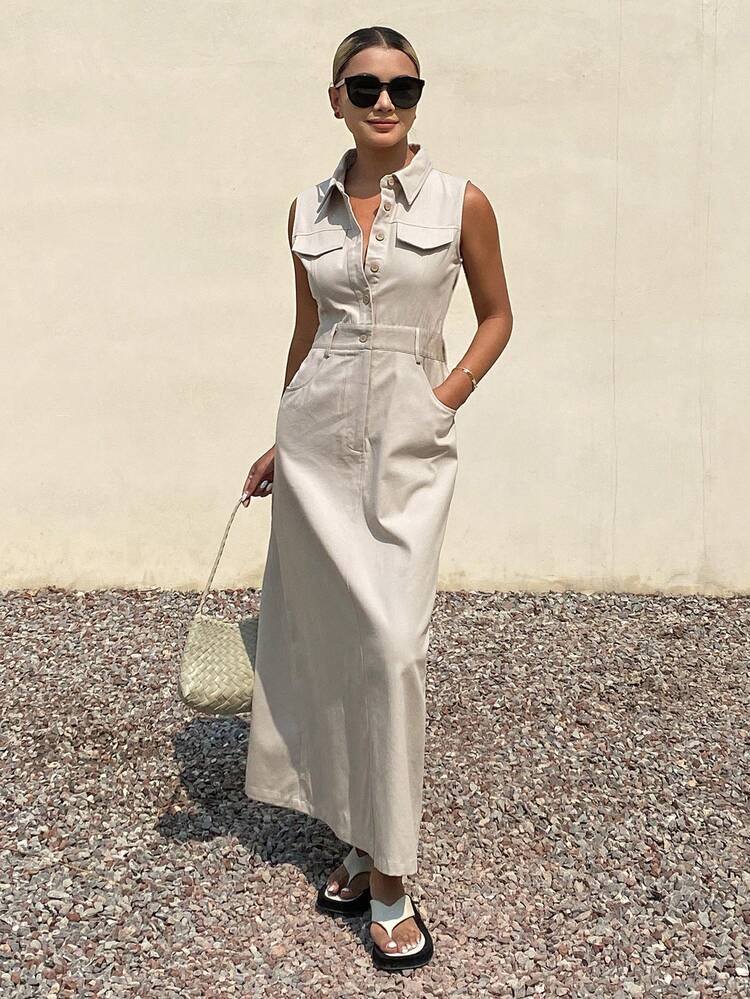 Women's Solid Color Waist Cinching Collared Sleeveless Casual Dress, Summer