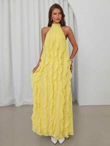 Aloruh Đầm đi nghỉ mát màu vàng kem hở lưng bằng chiffon xếp nếp ở gấu váy - Màu vàng - Xem 6