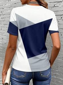 EMERY ROSE Women's Regular Fit T-Shirt,Navy And White Color Block Patchwork Printed Pattern,Chic Graphic Design,Summer Casual Everyday Elegant Versatile Top - Multicolor - View 2