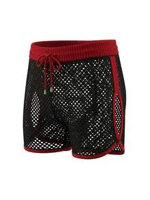 Manfinity Swimmode Men's Contrast Color Hollow Out Breathable Minimalist Shorts Summeroutfit Crochet Shorts Men Japanese Design Men Beach Shorts Knit Two Pieces Set Men Shorts Comfy Beach Shorts For Men Summer Shorts For Women Knitted Shorts Ribbed Shorts Shorts For Men Casual Women's Shorts Summer Holiday / Vacation / Beach / Hawaii / Tropical / Swim /  Bathing Black Cover Up Shorts Fish Net Shorts Workout Sets Women Short - Black - View 2