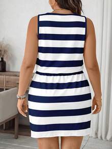 SHEIN LUNE Navy Style Blue Striped Casual Minimalist Plus Size Dress - Multicolor - View 2