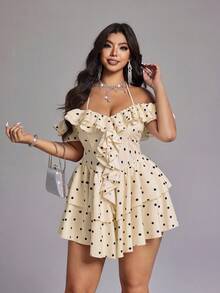 Viva Relle Plus Size Contrast Polka Dot Print Halter Neck Dress - Pink - View 4