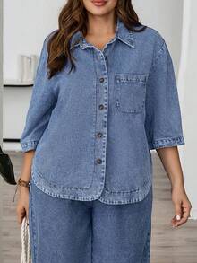 EMERY ROSE Mature Denim Plus Size Women's Solid Color Casual Long Sleeve Denim Blouse - Medium Wash - View 7