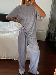DAZY 2pcs/Set Women Ditsy Floral Loose Short Sleeve T-Shirt And Straight Leg Long Pants Pajama Set, Summer - Grey - View 5
