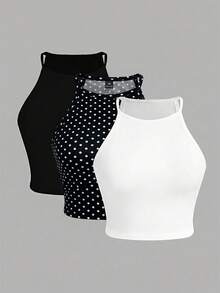 SHEIN Essnce 大码女装春夏时尚休闲弹力舒适日常百搭黑色、白色和波点短款背心3件装，外出上衣，夏季穿搭，曲线可爱上衣，简约风格，波点上衣，欧洲夏季 - 彩色 - 查看 1