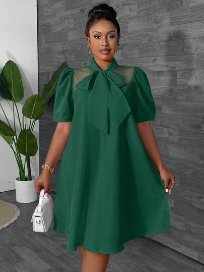 Maweii Vestido de vacaciones de talla grande para mujer con mangas cortas de pétalos de malla de contraste, elegante, ajustado y con dobladillo acampanado, uso diario minimalista, diseño de moda, primavera/verano/otoño