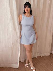 CovetEZ Plus Size Women Black & White Striped Sleeveless Mini Dress - Green - View 5
