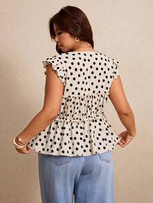 Elaquor Plus Size Women Polka Dot Tie Ruched Casual Versatile Daily Wear Shirt Casual Vacation Polka Dot Blouse For Women - Apricot - View 6