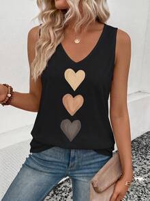 Selamara Nuevo top de tirantes casual y versátil con cuello en V y estampado de corazón degradado para mujer, primavera/verano - Negro - Ver 4