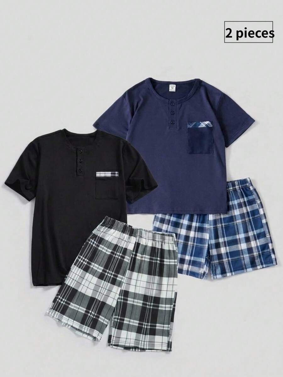 Bộ đồ ngủ tuổi teen, áo tay ngắn màu đen có 3 nút đen và túi, quần short kẻ caro, thiết kế tối giản tạo vẻ ngoài thời trang và năng động, chất liệu vải co giãn và dệt kim, có thể giặt máy, vừa vặn thoải mái và dễ bảo quản. - màu đen - Xem 1