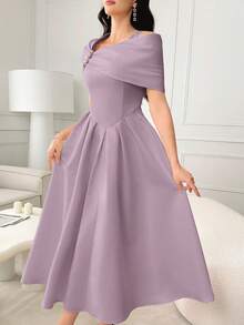 Modelyn Asymmetrical Neck Rhinestone Decor Pleated Elegant Dress For Women - Mauve Purple - View 6
