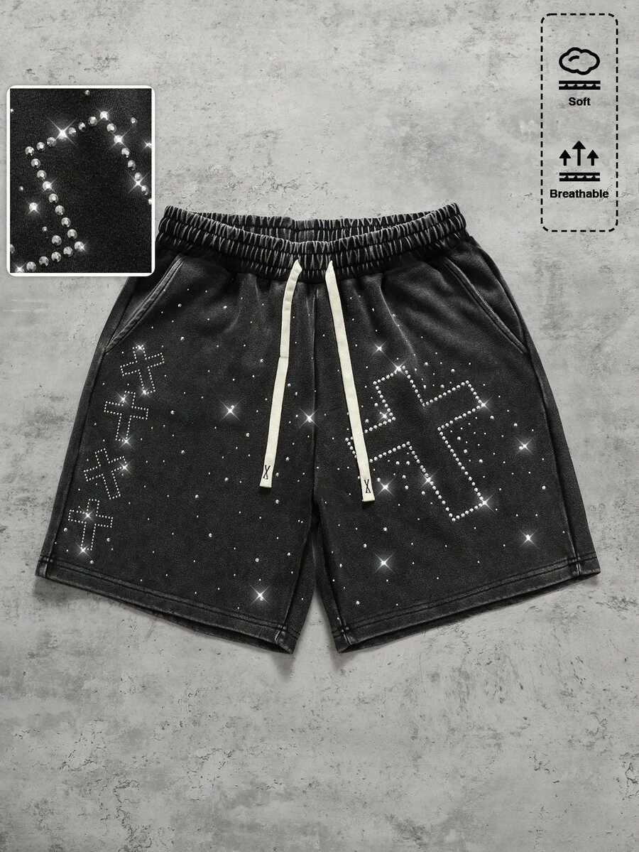 ROMWE MEN Men's Summer Rhinestone Cross Drawstring Waist Casual Shorts - Black - View 1