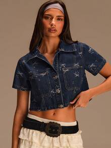 Athîral Blusa vaquera casual de manga corta con cuello y lazo, estampado jacquard, para primavera/verano - Azul lavado oscuro - Ver 4