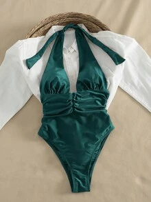 Bộ đồ bơi liền thân cao cấp màu nâu sô cô la bóng bẩy Swim Chiccia dành cho nữ, thiết kế cổ yếm chữ V khoét sâu với chi tiết nhún eo, dây đeo có thể tháo rời, kiểu dáng Brazil cắt cao gợi cảm, chất liệu bóng mượt, tạo dáng ôm sát cơ thể, hoàn hảo cho kỳ nghỉ hè trên bãi biển, vẻ quyến rũ bên hồ bơi, những chuyến nghỉ dưỡng và phong cách hot girl Y2K. - màu xanh lá - Xem 8