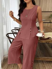 SHEIN LUNE Plus Size Women's Button Decor Split Hem Capri Pants & Casual Vacation 2-Piece Set, Spring/Summer - Rust Brown - View 5