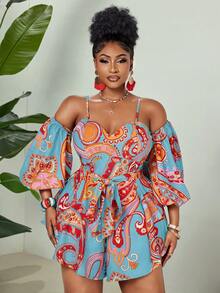 Maweii Mono elegante con estampado floral y fruncido para mujer talla grande - Celeste - Ver 5