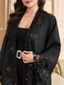 Al Najma Bata abierta elegante con parches y encaje para mujer de talla grande, otoño - Negro - Ver 2