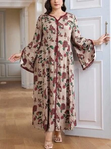 Al Najma Vestido maxi árabe holgado de manga larga con cuello en V y estampado floral para mujer de talla grande - Multicolor - Ver 8
